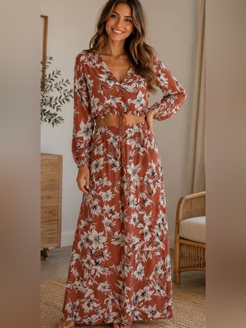 NWT Roxy Terracotta Floral shirt Maxi Skirt White Bloom SZ M SUMMER CLEARANCE